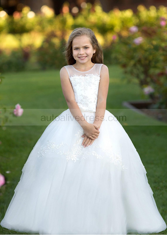 Sheer Neck Ivory Lace Tulle Flower Girl Dress Baby Baptism Dress